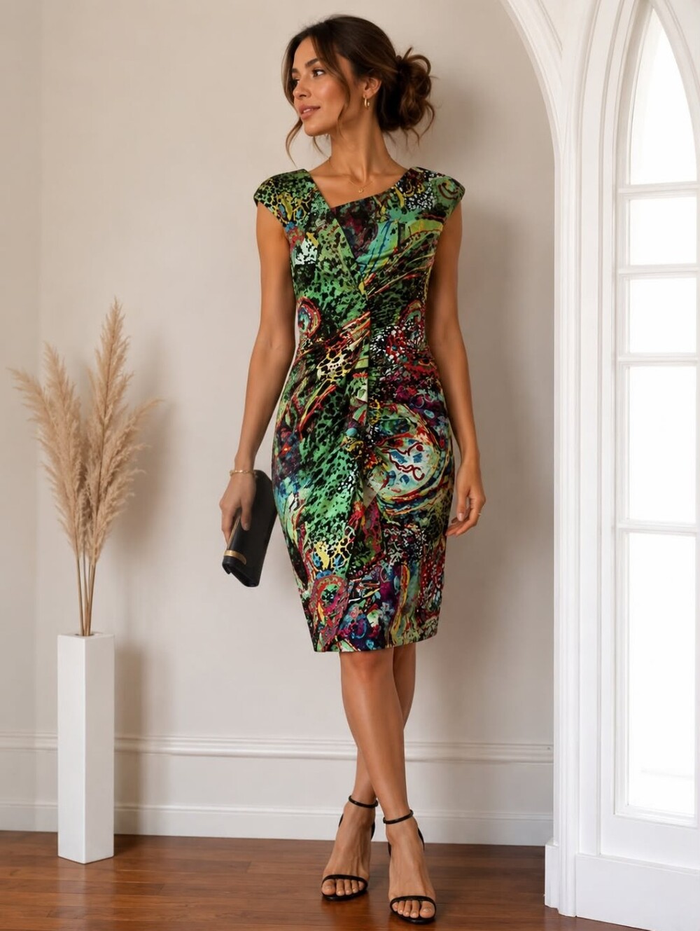 Simon Chang One-Shoulder Abstract Multicolor Cocktail Dress